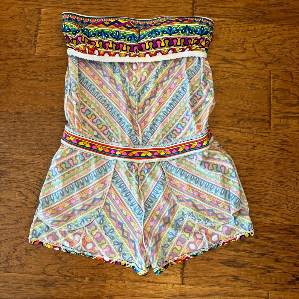 Trina Turk Peruvian Stripe Swimsuit Romper Cover Up Multicolor Halter Top Size M - Picture 10 of 14